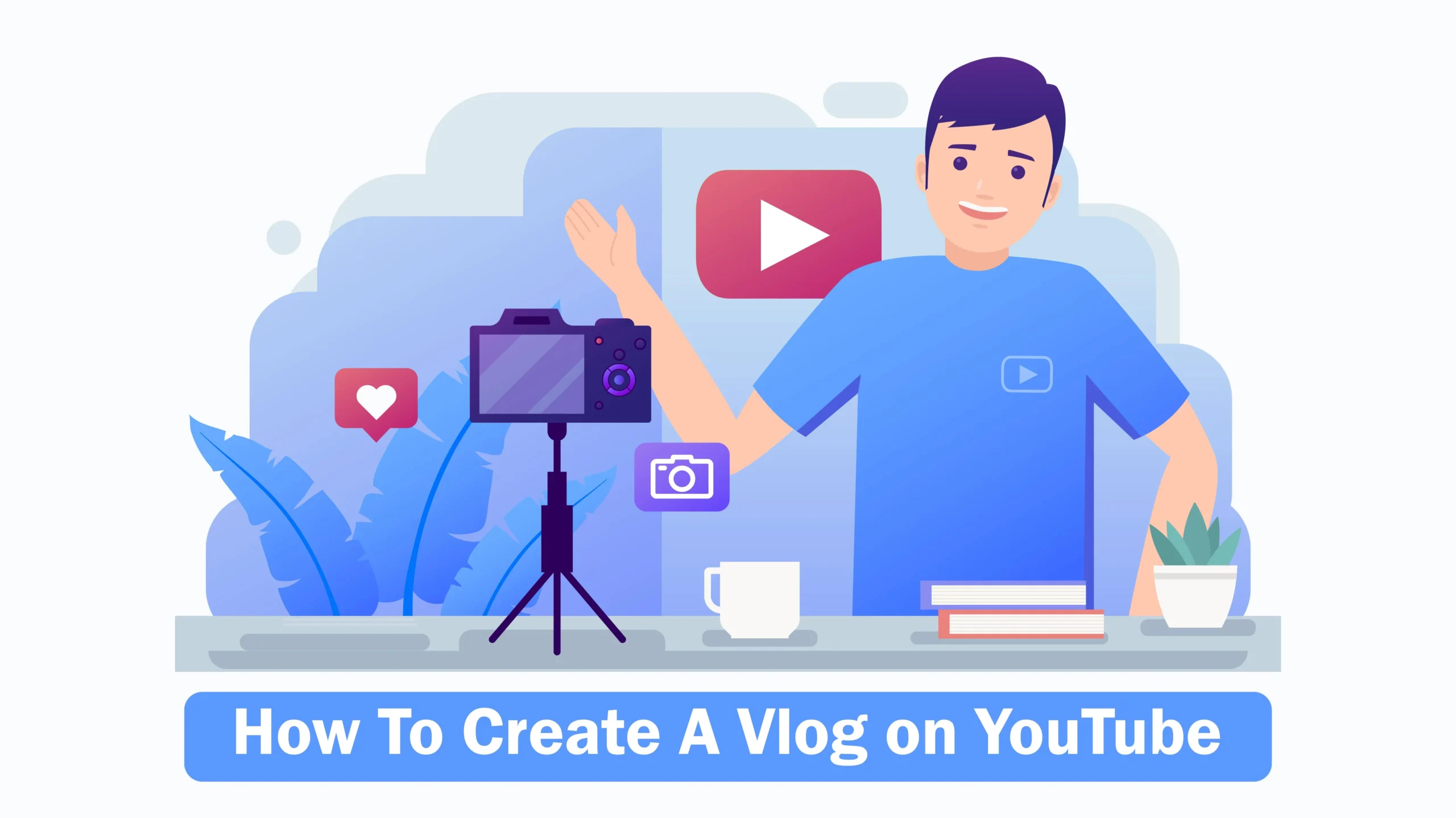 Vlog on YouTube,Illustration of YouTube vlog creation guide, Person explaining YouTube vlogging setup, YouTube vlogging tutorial illustration, Vlog creation guide with camera setup