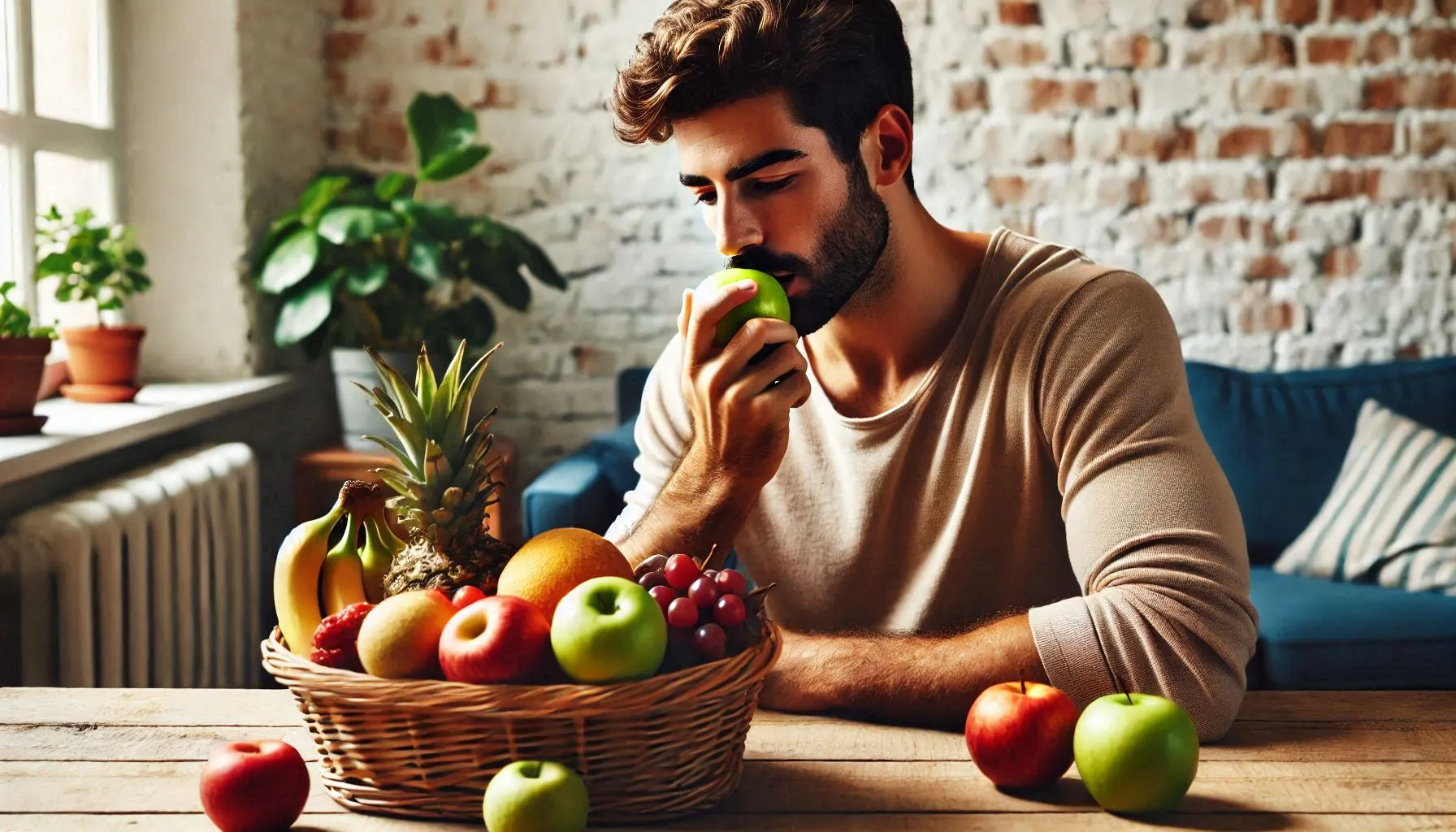 A man seen eating an apple while sitting at a table with a basket of assorted fruits in front of him